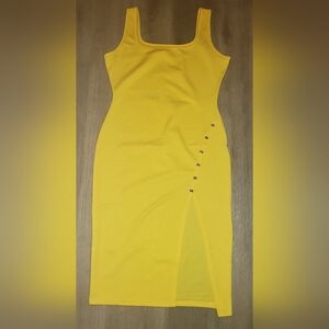 Bright Yellow Midi Bodycon Dress with Side Slit and Studs